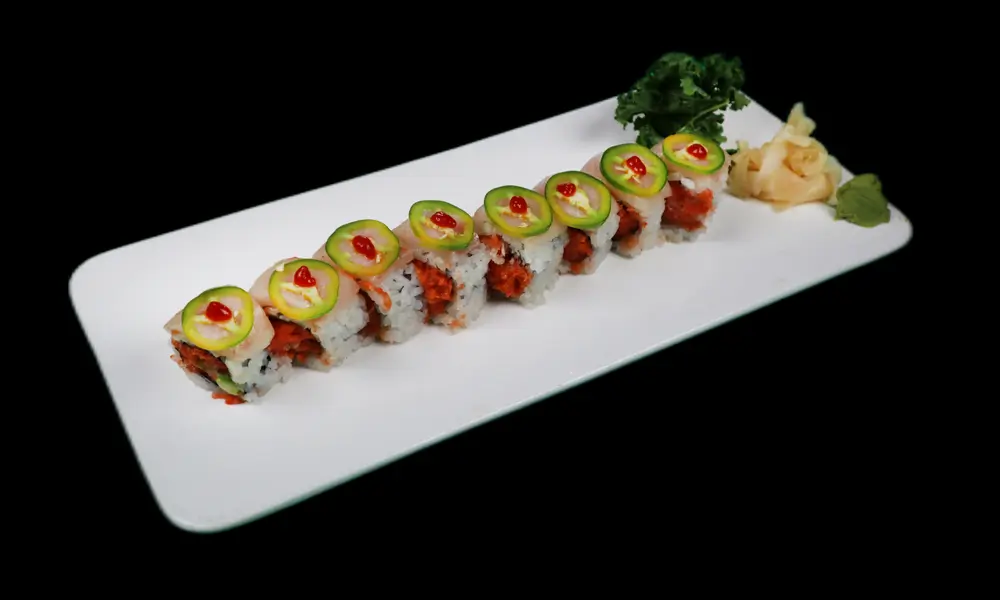 Hibachi-Lee-Asian-Fusion-restaurant-1546-Roll-Brooklyn Special long - plate sushi roll, ingredients neatly arranged at Hibachi Lee, a Asian Fusion restaurant in Brooklyn