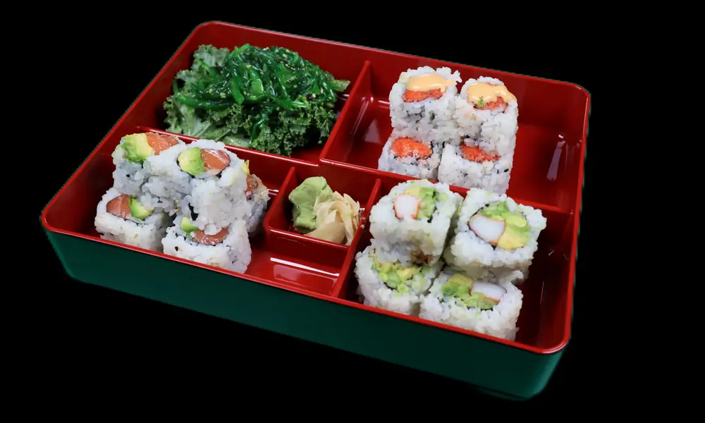 Hibachi-Lee-Asian-Fusion-restaurant-3Rolls-Bento-Box-Brooklyn Red - boxed sushi bento with various sushi at Hibachi Lee, a Asian Fusion restaurant in Brooklyn